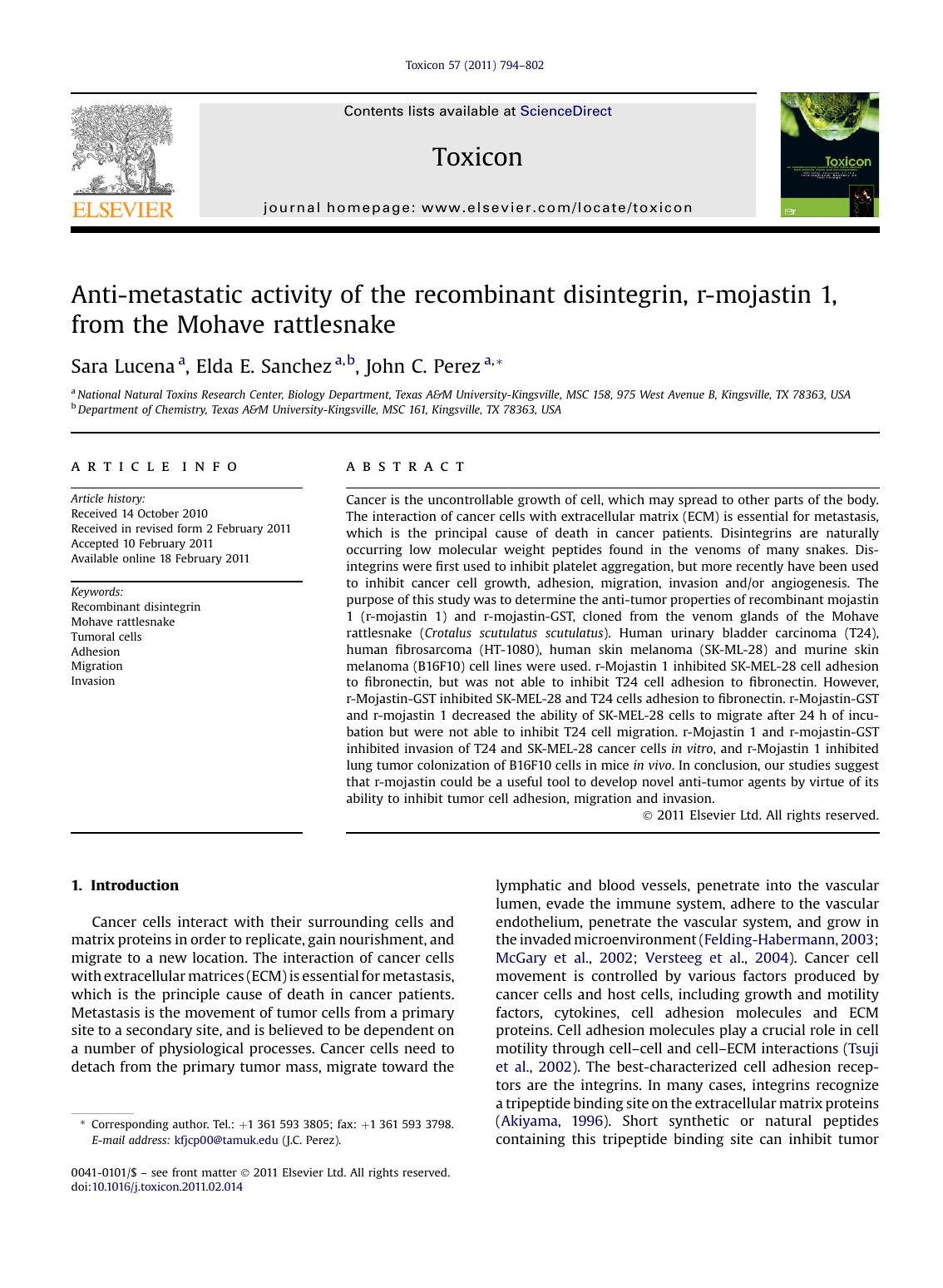 Anti-metastatic activity of the recombinant disintegrin, r-mojastin 1, from the Mohave rattlesnake by Sara Lucena & Elda E. Sanchez & John C. Perez