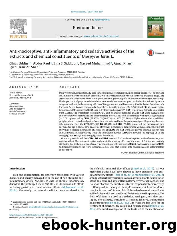 Anti-nociceptive, anti-inflammatory and sedative activities of the extracts and chemical constituents of Diospyros lotus L. by Ghias Uddin & Abdur Rauf & Bina S. Siddiqui & Naveed Muhammad & Ajmal Khan & Syed Uzair Ali Shah
