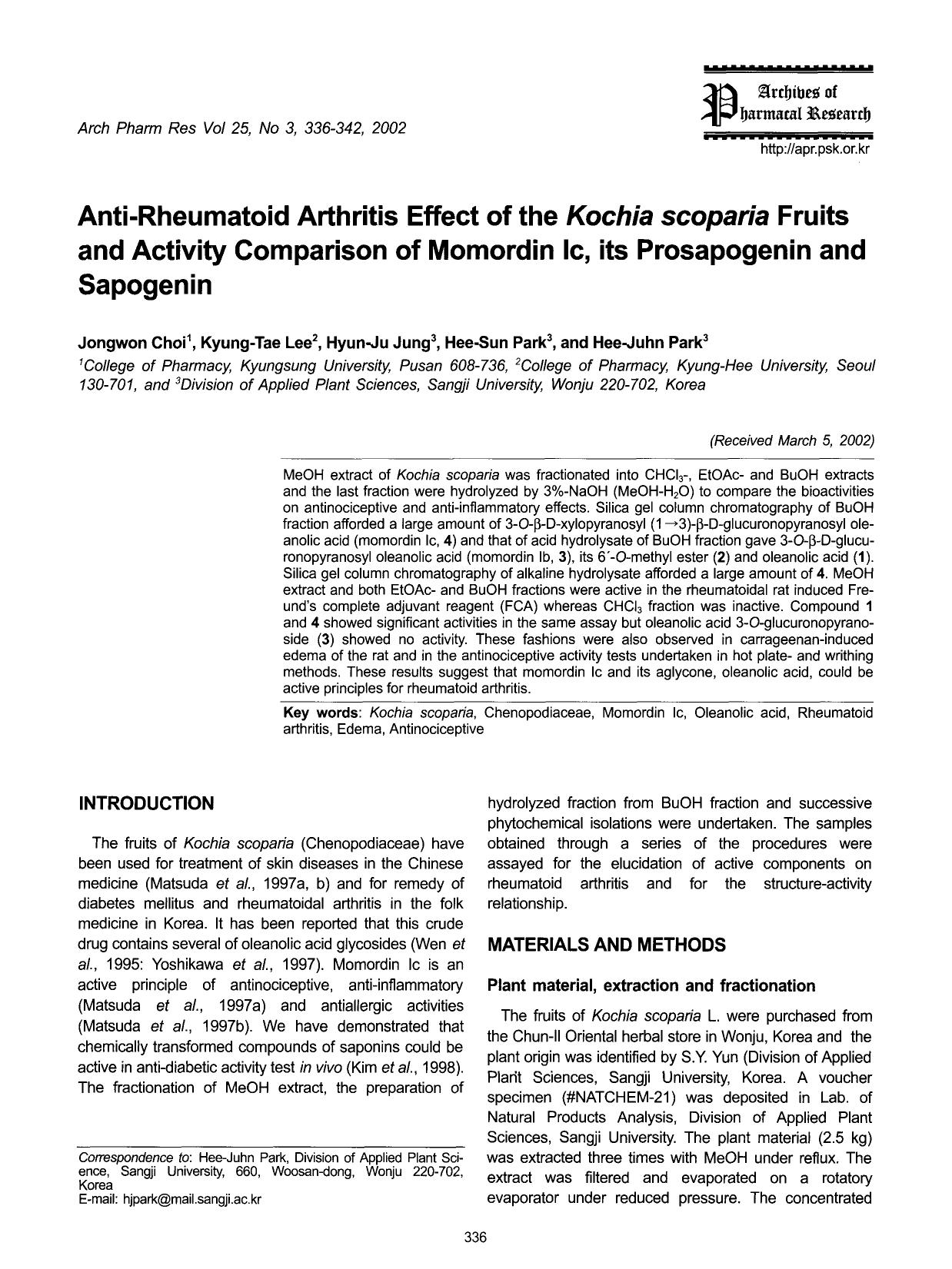 Anti-rheumatoid arthritis effect of the <Emphasis Type="Italic">Kochia scoparia <Emphasis> fruits and activity comparison of momordin ic, its prosapogenin and sapogenin by Unknown