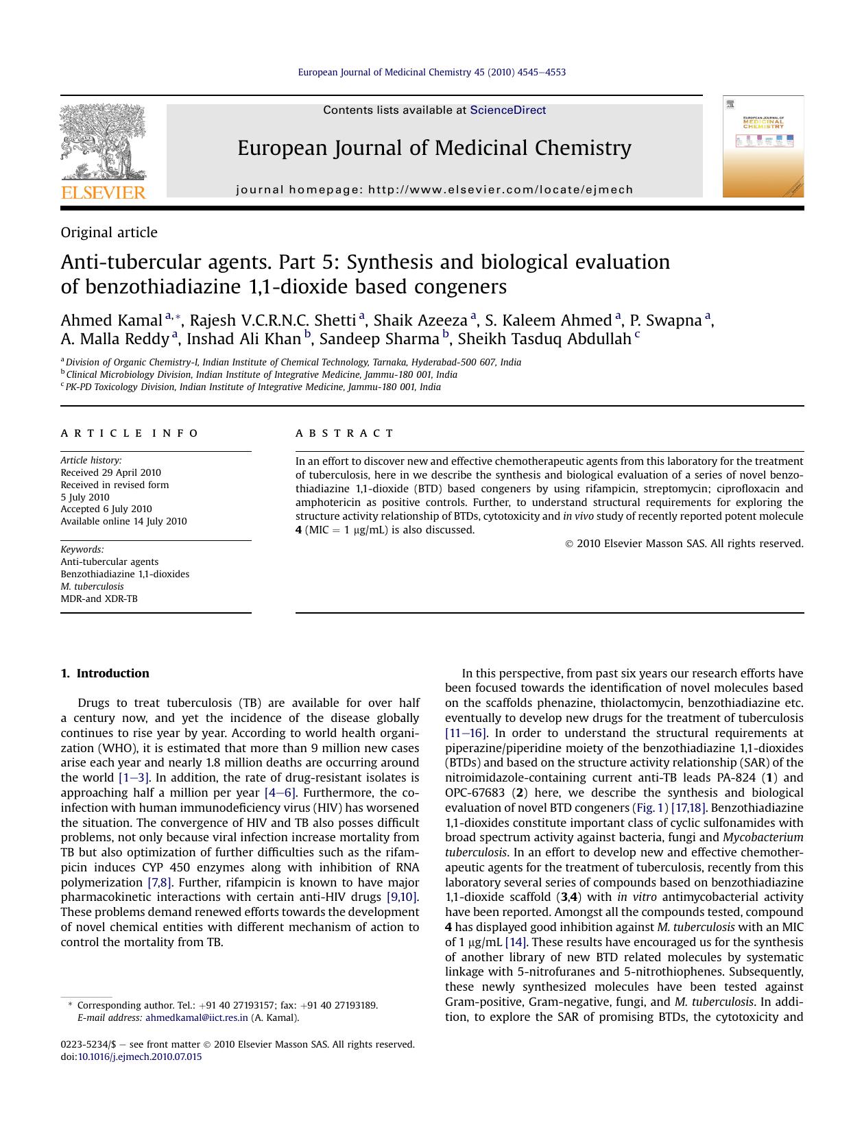 Anti-tubercular agents. Part 5: Synthesis and biological evaluation of benzothiadiazine 1,1-dioxide based congeners by unknow