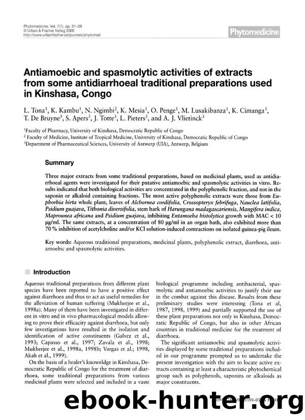 Antiamoebic and spasmolytic activities of extracts from some antidiarrhoeal traditional preparations used in Kinshasa, Congo by unknow