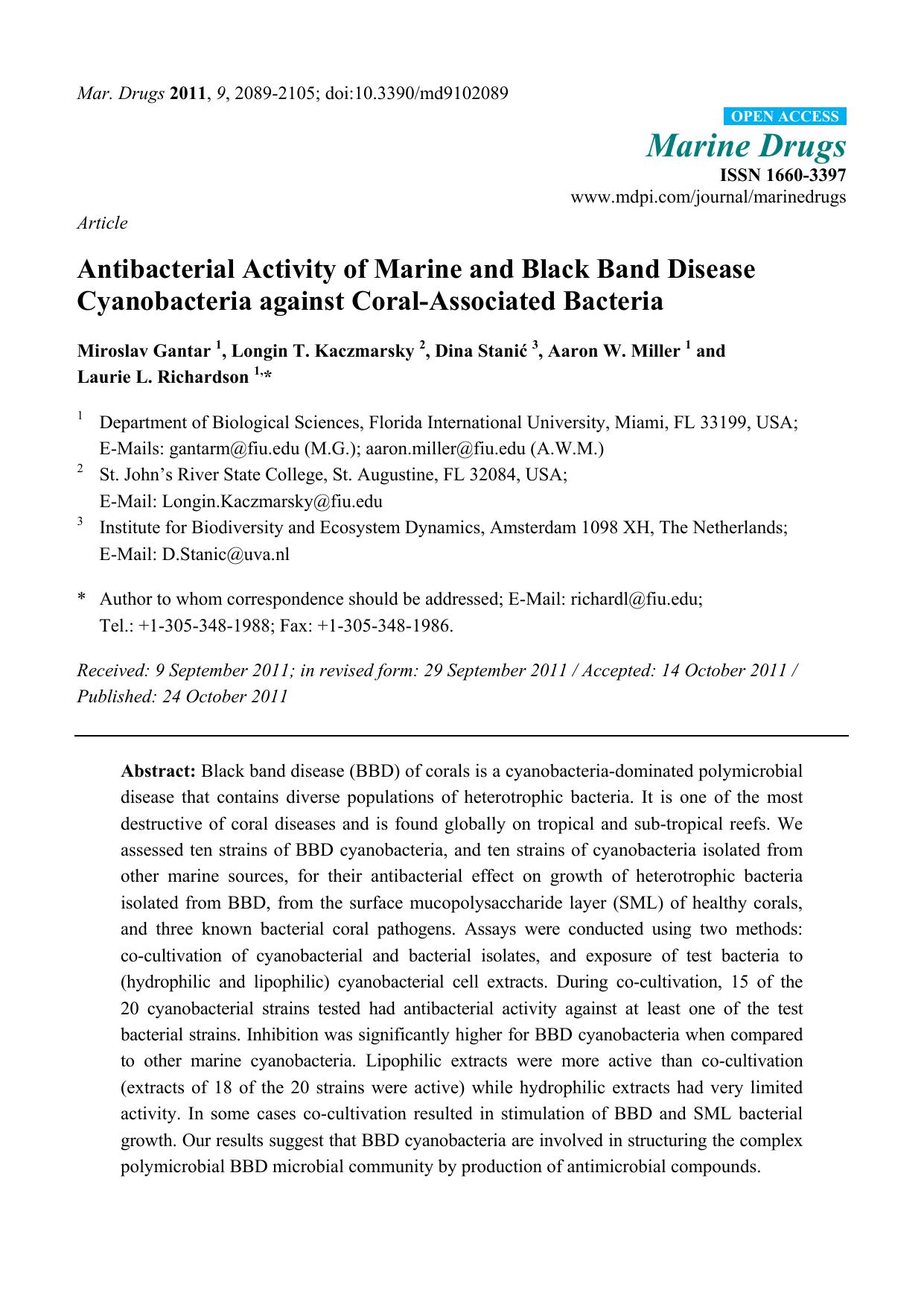Antibacterial Activity of Marine and Black Band Disease Cyanobacteria against Coral-Associated Bacteria by Miroslav Gantar & Longin T. Kaczmarsky & Dina Stanić & Aaron W. Miller & Laurie L. Richardson