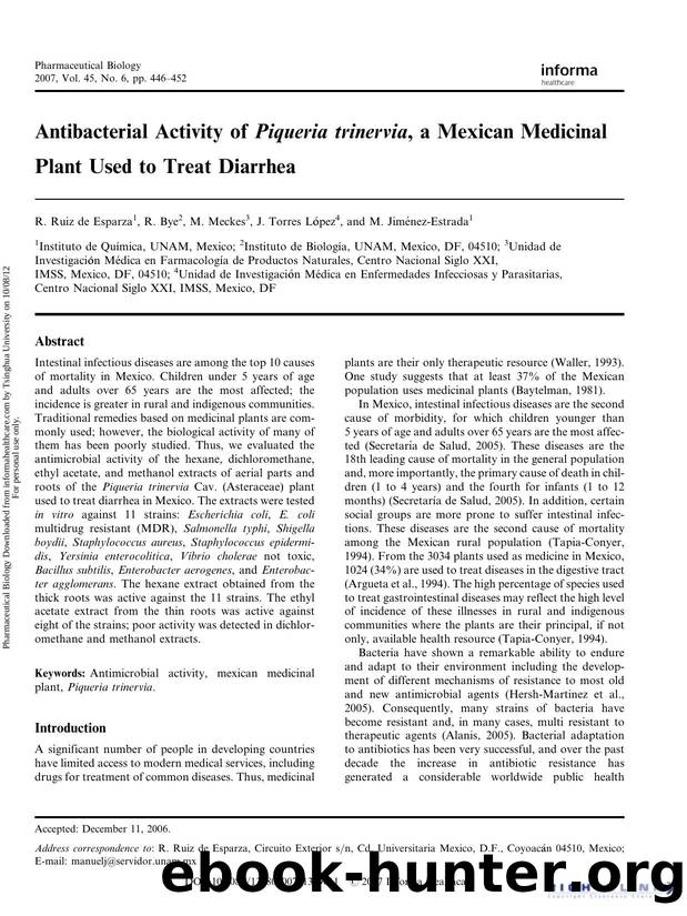 Antibacterial Activity of Piqueria trinervia., a Mexican Medicinal Plant Used to Treat Diarrhea by R. Ruiz de Esparza R. Bye M. Meckes J. Torres López & M. Jiménez-Estrada