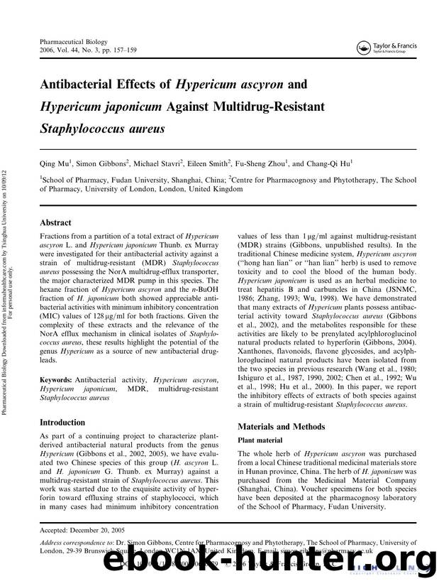 Antibacterial Effects of Hypericum ascyron. and Hypericum japonicum. Against Multidrug-Resistant Staphylococcus aureus. by Qing Mu Simon Gibbons Michael Stavri Eileen Smith Fu-Sheng Zhou & Chang-Qi Hu