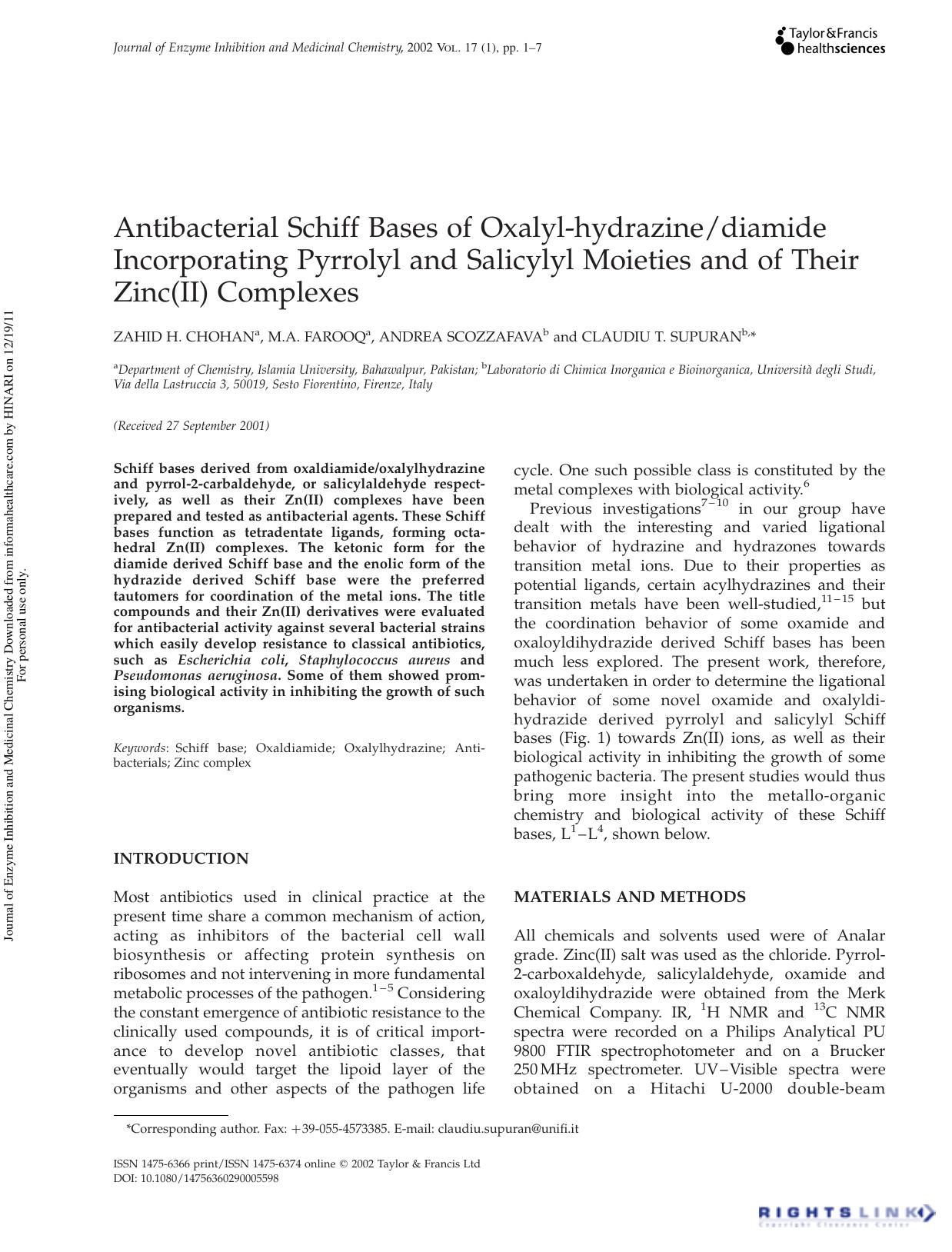 Antibacterial Schiff Bases of Oxalyl-hydrazinediamide Incorporating Pyrrolyl and Salicylyl Moieties and of Their Zinc(II) Complexes by Zahid H. Chohan M.A. Farooq Andrea Scozzafava & Claudiu T. Supuran