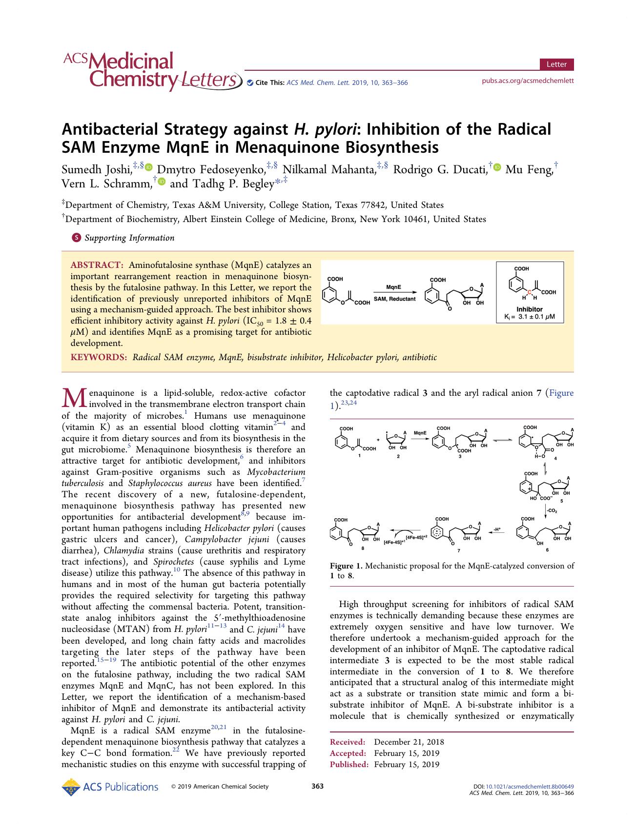 Antibacterial Strategy against H. pylori: Inhibition of the Radical SAM Enzyme MqnE in Menaquinone Biosynthesis by unknow