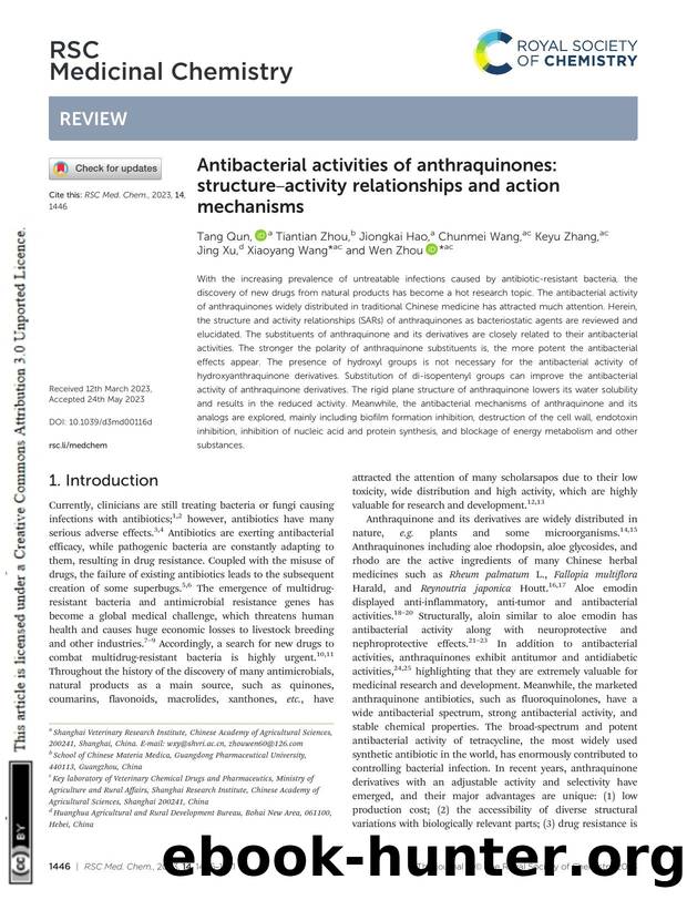 Antibacterial activities of anthraquinones: structureâactivity relationships and action mechanisms by unknow