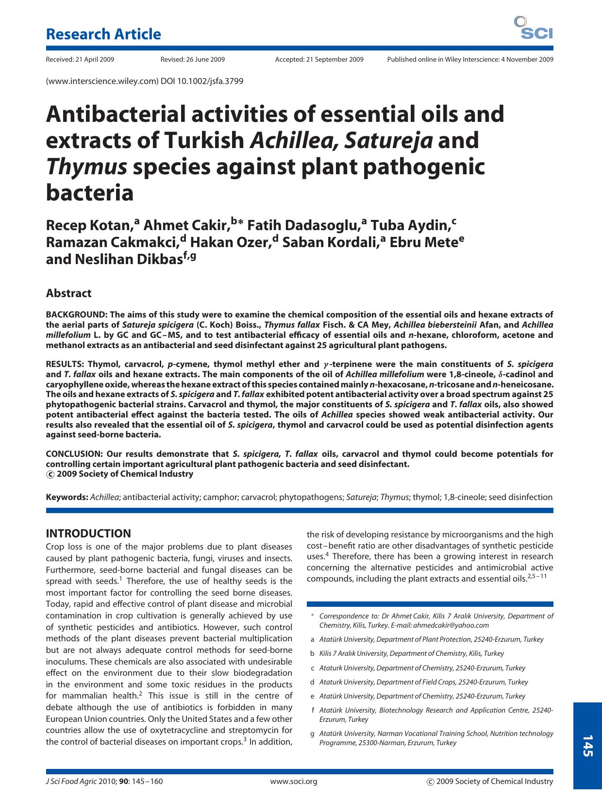 Antibacterial activities of essential oils and extracts of Turkish Achillea, Satureja and Thymus species against plant pathogenic bacteria by Unknown