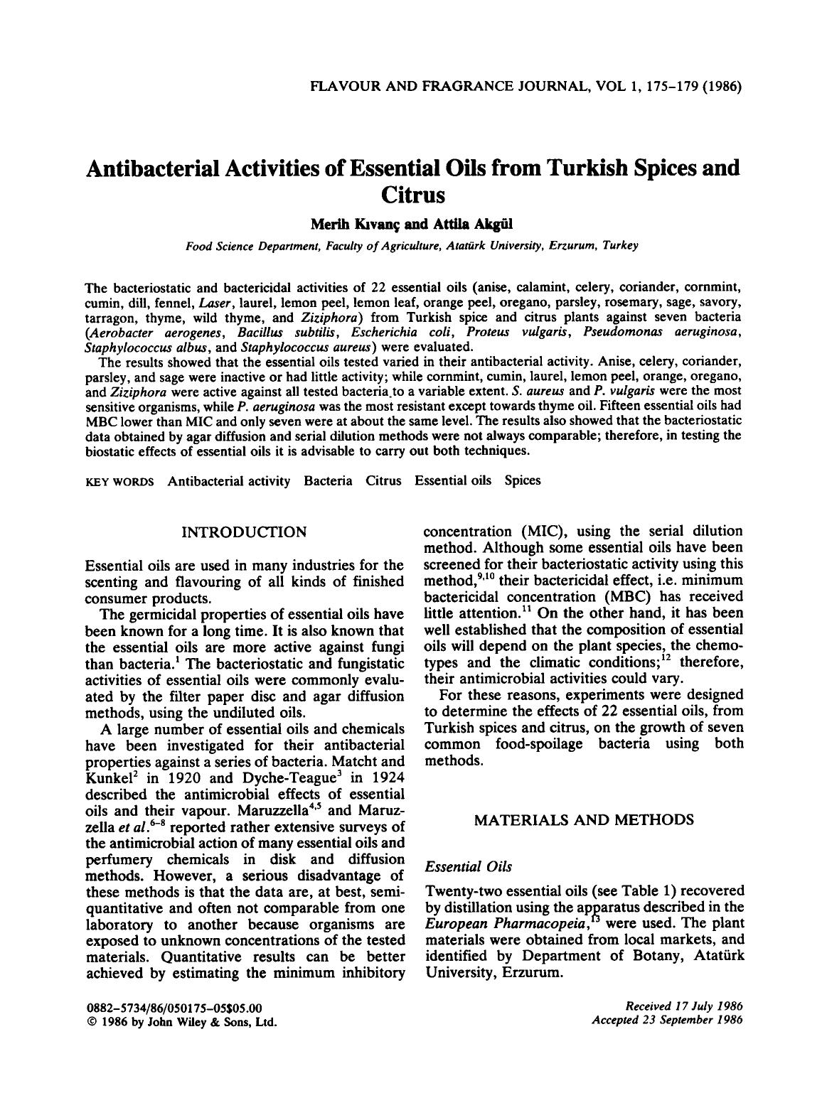 Antibacterial activities of essential oils from Turkish spices and citrus by Unknown