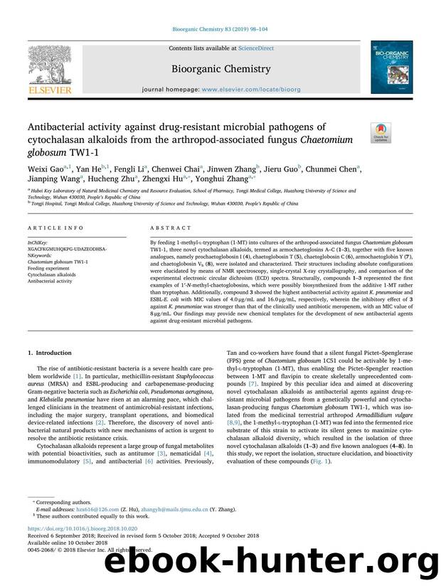 Antibacterial activity against drug-resistant microbial pathogens of cytochalasan alkaloids from the arthropod-associated fungus Chaetomium globosum TW1-1 by unknow