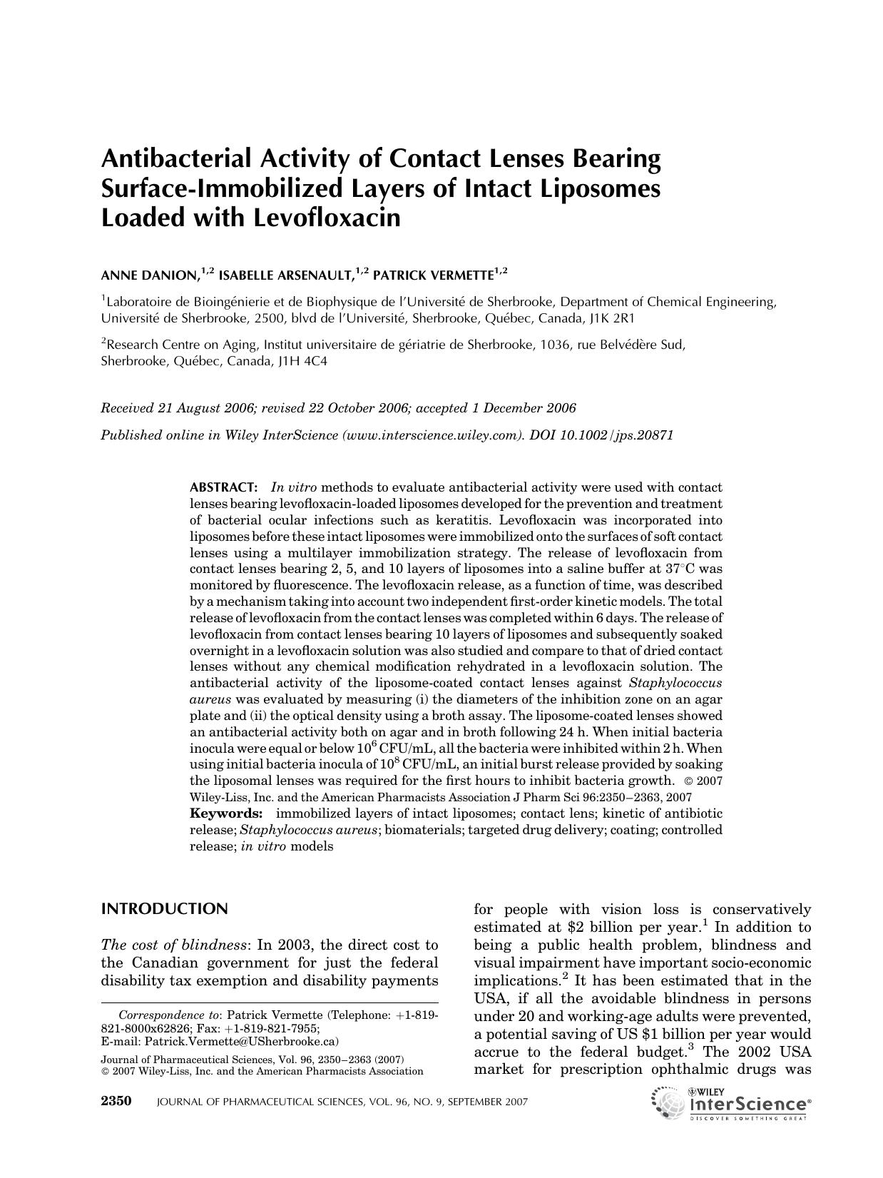 Antibacterial activity of contact lenses bearing surface-immobilized layers of intact liposomes loaded with levofloxacin by Unknown