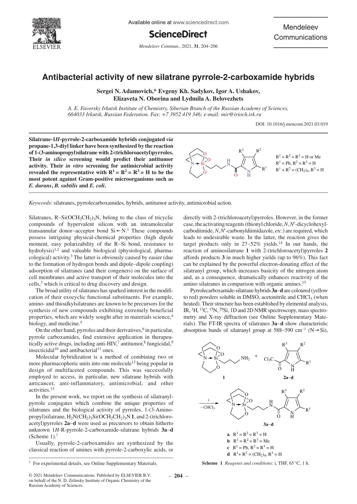 Antibacterial activity of new silatrane pyrrole-2-carboxamide hybrids by unknow