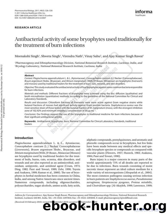 Antibacterial activity of some bryophytes used traditionally for the treatment of burn infections by Meenakshi Singh Shweta Singh Virendra Nath Vinay Sahu & Ajay Kumar Singh Rawat