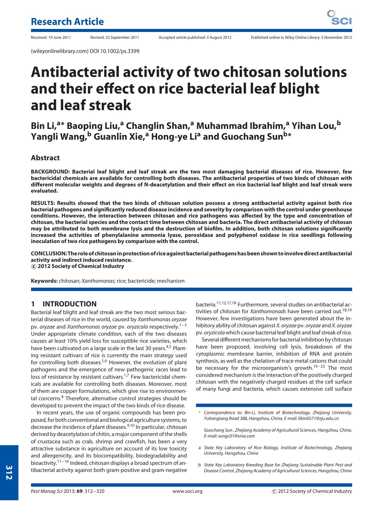 Antibacterial activity of two chitosan solutions and their effect on rice bacterial leaf blight and leaf streak by Unknown