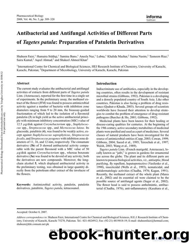 Antibacterial and Antifungal Activities of Different Parts of Tagetes patula.: Preparation of Patuletin Derivatives by unknow