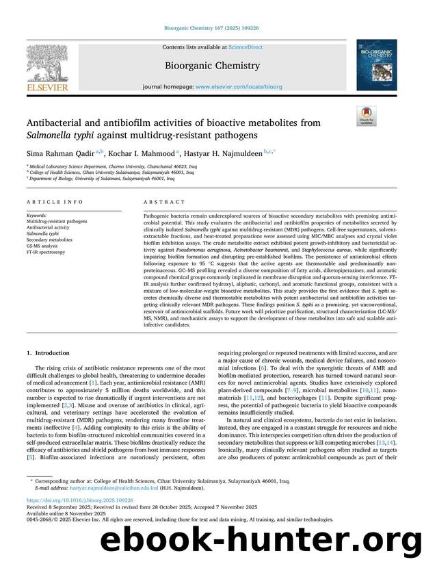 Antibacterial and antibiofilm activities of bioactive metabolites from Salmonella typhi against multidrug-resistant pathogens by Sima Rahman Qadir & Kochar I. Mahmood & Hastyar H. Najmuldeen