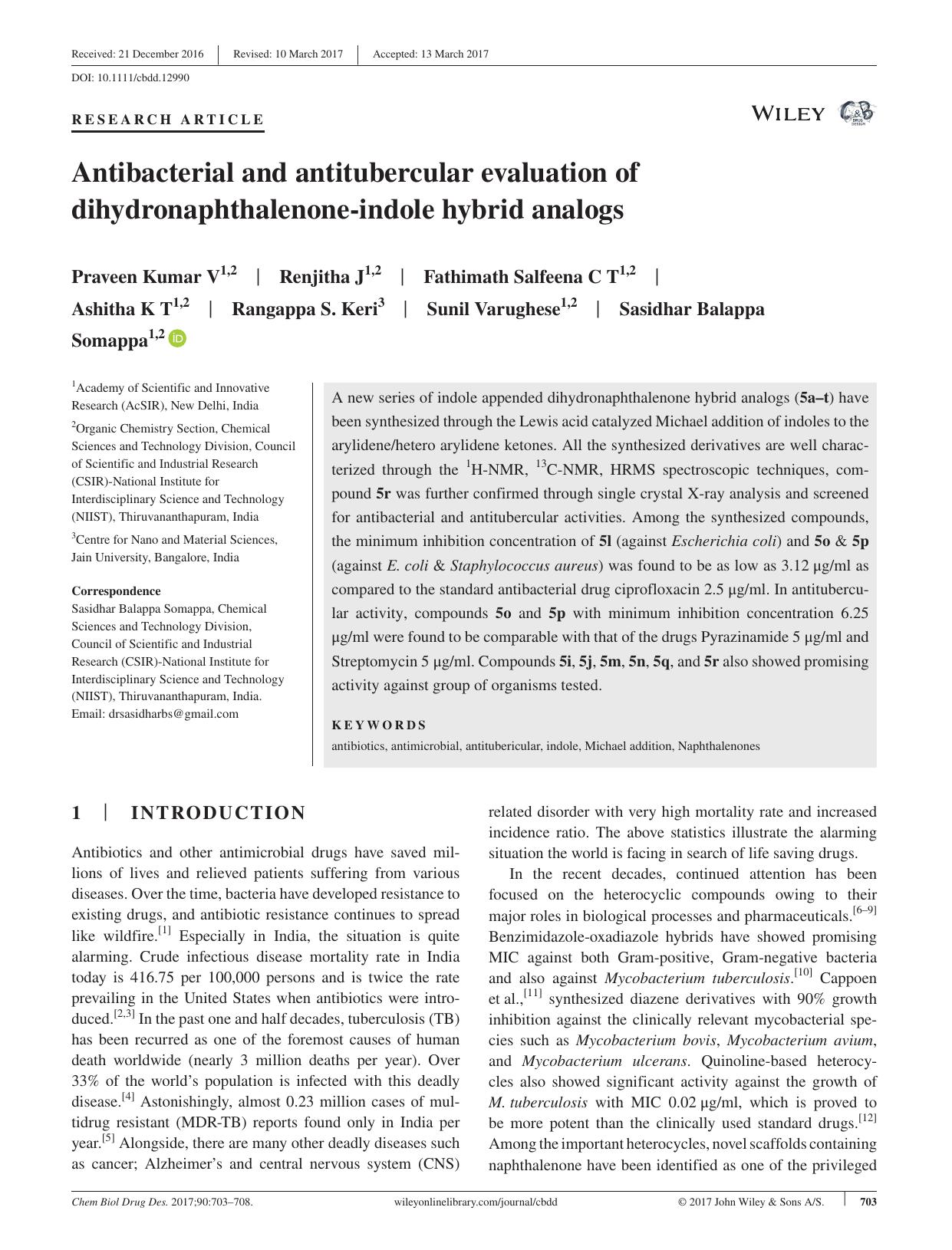 Antibacterial and antitubercular evaluation of dihydronaphthalenone‐indole hybrid analogs by unknow