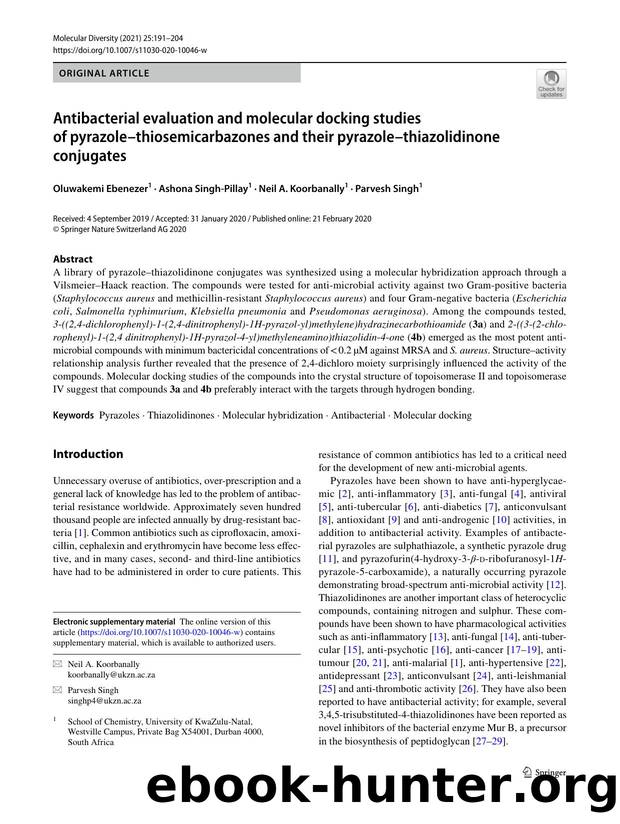 Antibacterial evaluation and molecular docking studies of pyrazoleâthiosemicarbazones and their pyrazoleâthiazolidinone conjugates by Oluwakemi Ebenezer & Ashona Singh-Pillay & Neil A. Koorbanally & Parvesh Singh