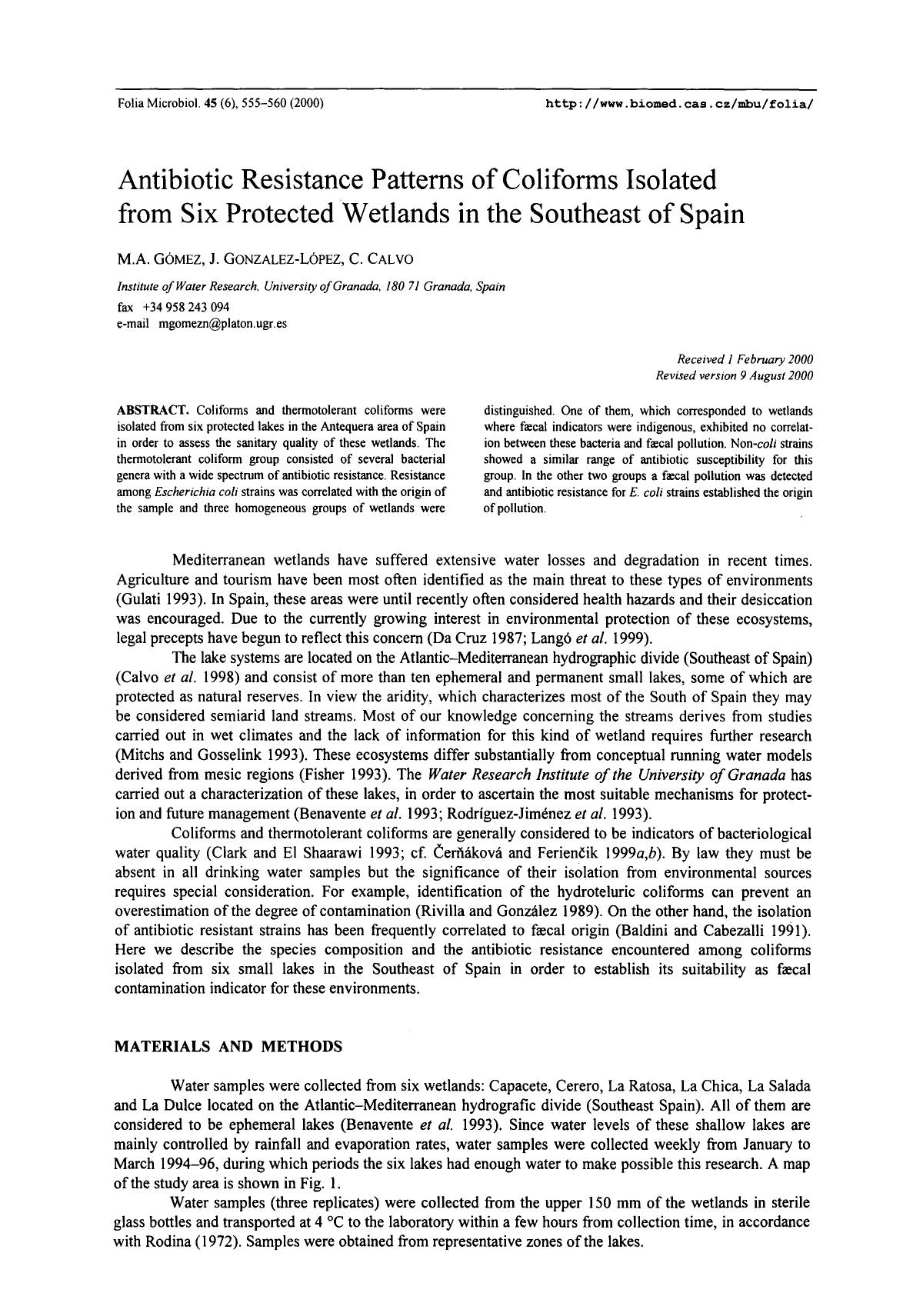 Antibiotic resistance patterns of coliforms isolated from six protected wetlands in the Southeast of Spain by Unknown