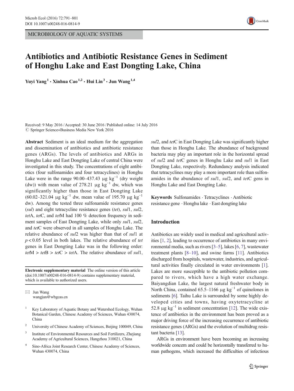 Antibiotics and Antibiotic Resistance Genes in Sediment of Honghu Lake and East Dongting Lake, China by Yuyi Yang & Xinhua Cao & Hui Lin & Jun Wang