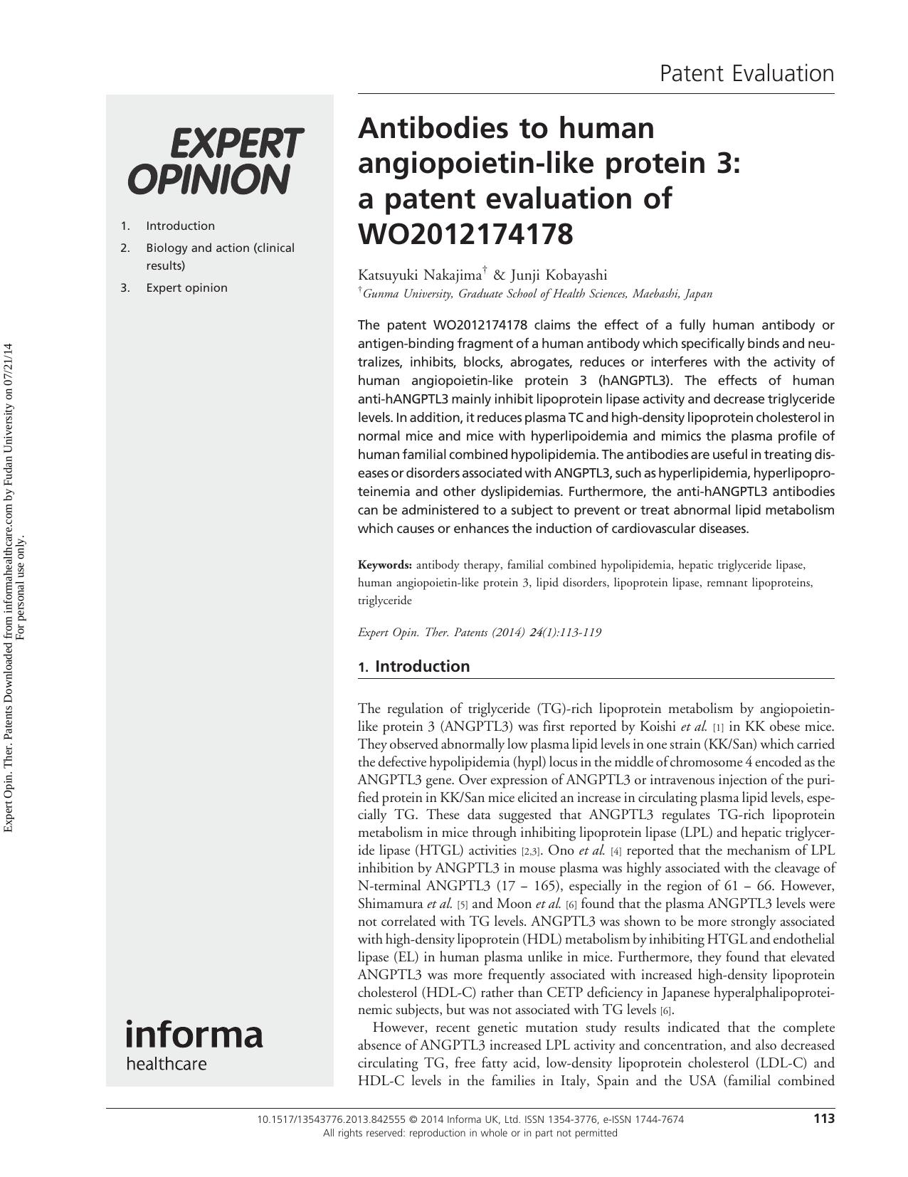Antibodies to human angiopoietin-like protein 3: a patent evaluation of WO2012174178 by Katsuyuki Nakajima Junji Kobayashi