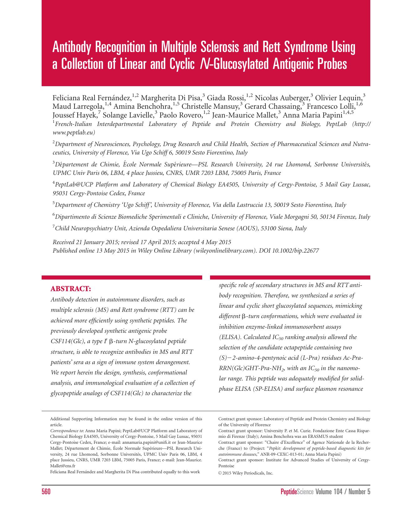Antibody Recognition in Multiple Sclerosis and Rett Syndrome Using a Collection of Linear and Cyclic N&#8208;Glucosylated Antigenic Probes by Unknown