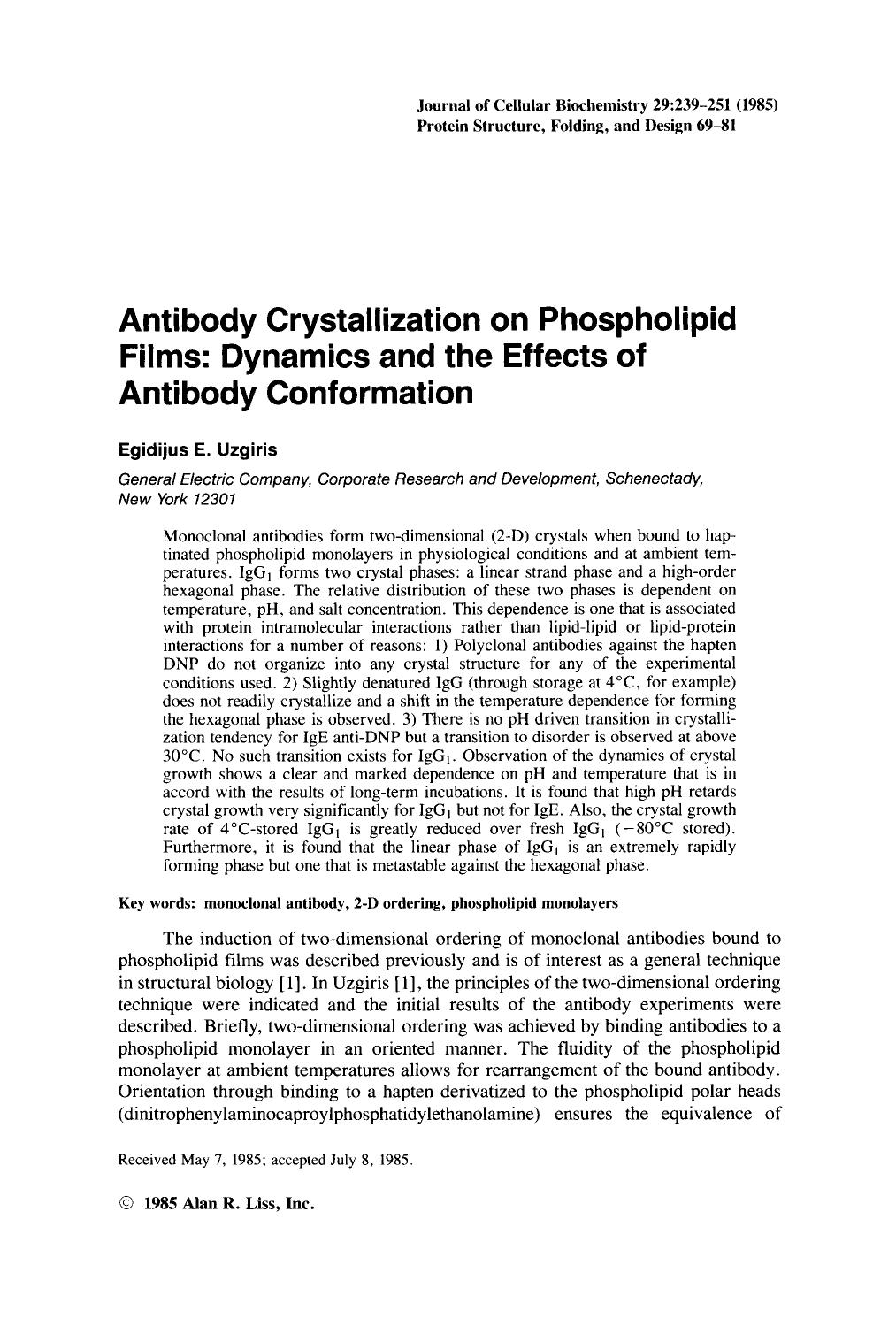 Antibody crystallization on phospholipid films: Dynamics and the effects of antibody conformation by Unknown