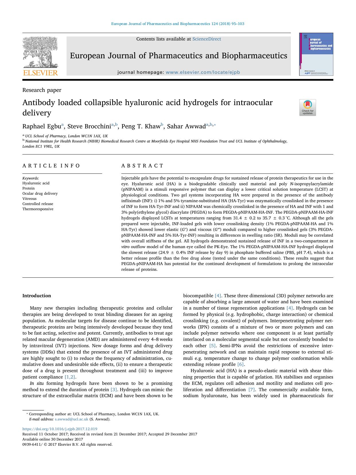 Antibody loaded collapsible hyaluronic acid hydrogels for intraocular delivery by Raphael Egbu & Steve Brocchini & Peng T. Khaw & Sahar Awwad