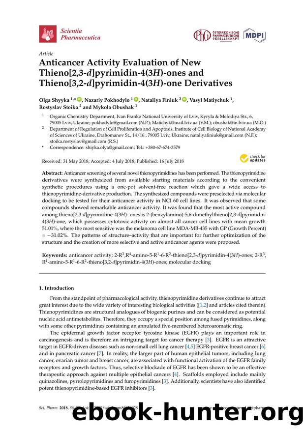 Anticancer Activity Evaluation of New Thieno[2,3-d]pyrimidin-4(3H)-ones and Thieno[3,2-d]pyrimidin-4(3H)-one Derivatives by Olga Shyyka Nazariy Pokhodylo Nataliya Finiuk Vasyl Matiychuk Rostyslav Stoika & Mykola Obushak