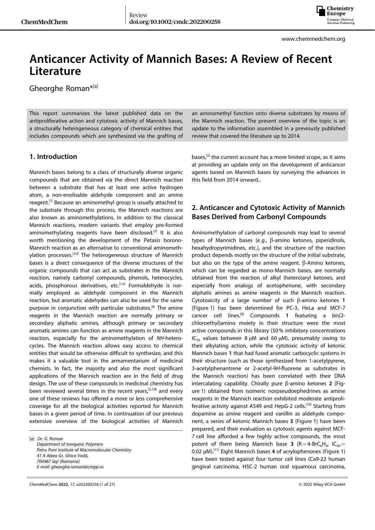 Anticancer Activity of Mannich Bases: A Review of Recent Literature by Unknown