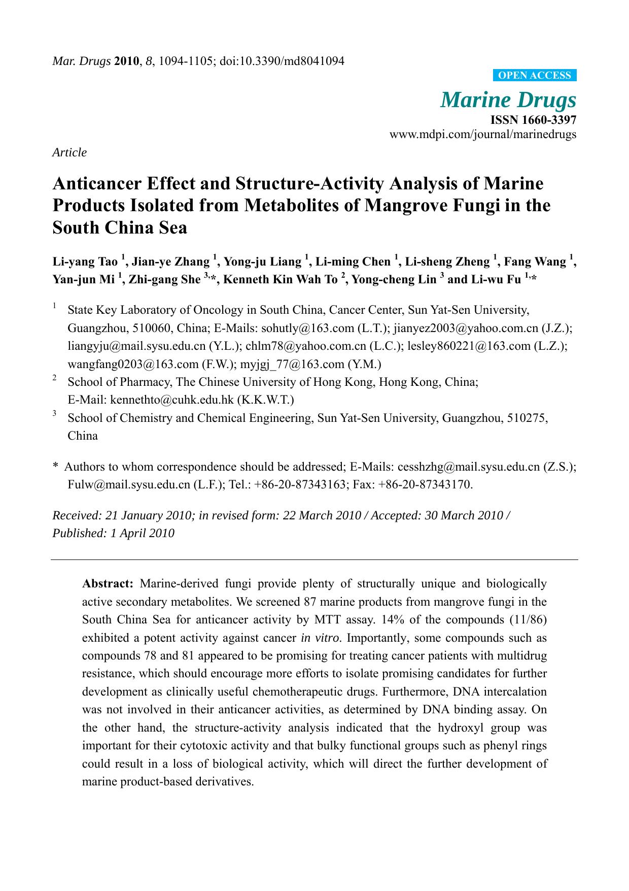 Anticancer Effect and Structure-Activity Analysis of Marine Products Isolated from Metabolites of Mangrove Fungi in the South China Sea by unknow