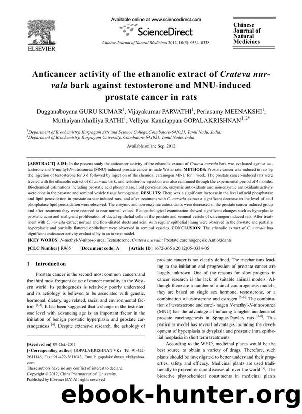 Anticancer activity of the ethanolic extract of Crateva nurvala bark against testosterone and MNU-induced prostate cancer in rats by unknow