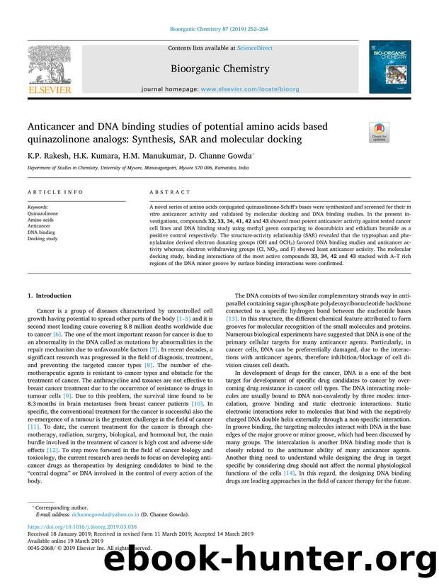 Anticancer and DNA binding studies of potential amino acids based quinazolinone analogs_ Synthesis, SAR and molecular docking by K.P. Rakesh & H.K. Kumara & H.M. Manukumar & D. Channe Gowda