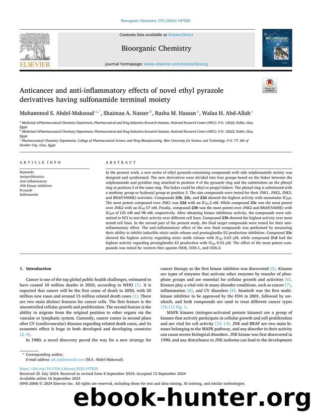 Anticancer and anti-inflammatory effects of novel ethyl pyrazole derivatives having sulfonamide terminal moiety by Mohammed S. Abdel-Maksoud & Shaimaa A. Nasser & Rasha M. Hassan & Walaa H. Abd-Allah
