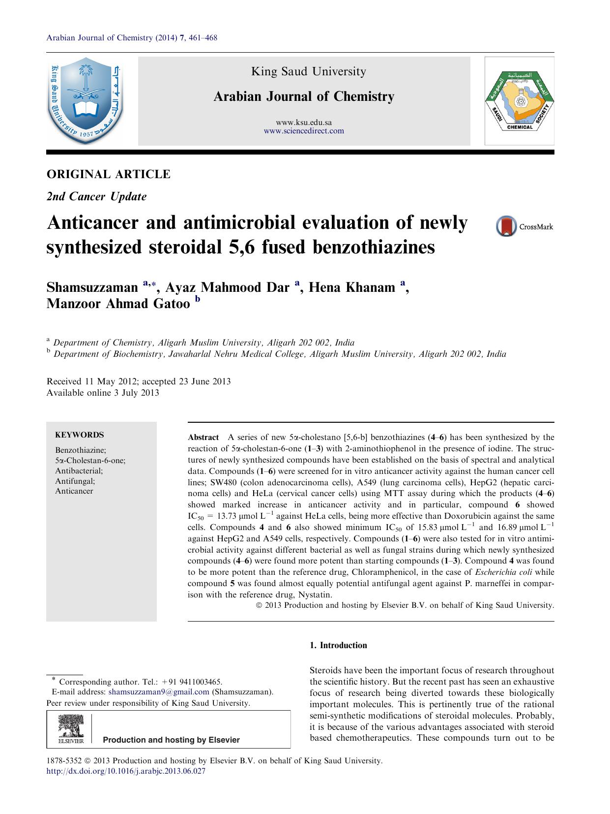 Anticancer and antimicrobial evaluation of newly synthesized steroidal 5,6 fused benzothiazines by Shamsuzzaman & Ayaz Mahmood Dar & Hena Khanam & Manzoor Ahmad Gatoo