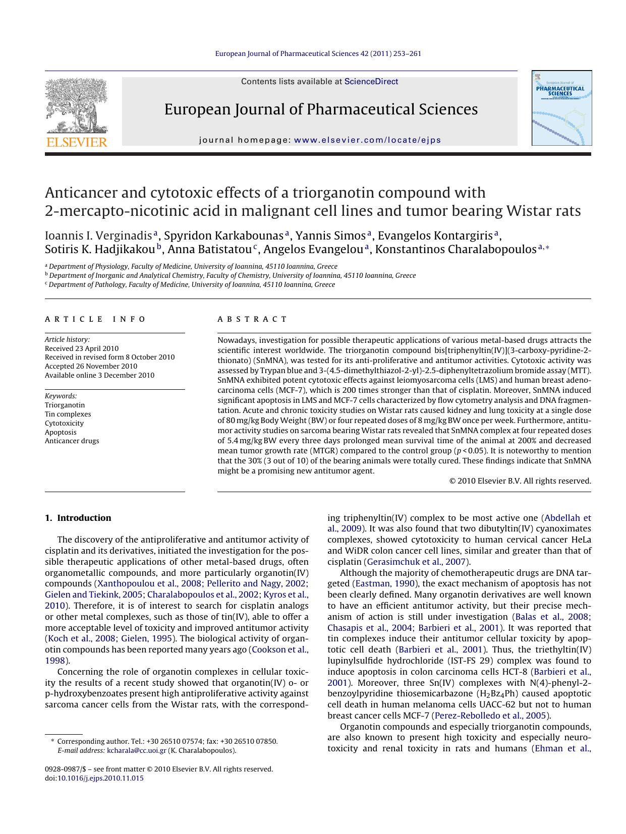 Anticancer and cytotoxic effects of a triorganotin compound with 2-mercapto-nicotinic acid in malignant cell lines and tumor bearing Wistar rats by Ioannis I. Verginadis