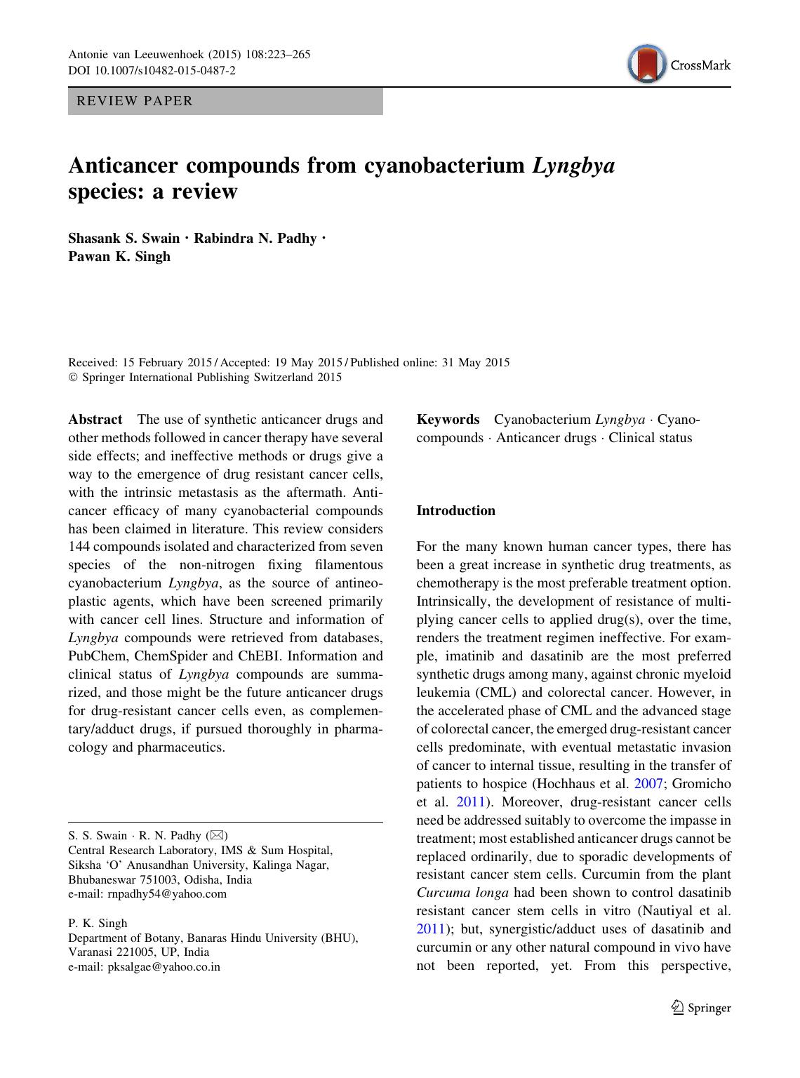Anticancer compounds from cyanobacterium Lyngbya species: a review by Shasank S. Swain & Rabindra N. Padhy & Pawan K. Singh