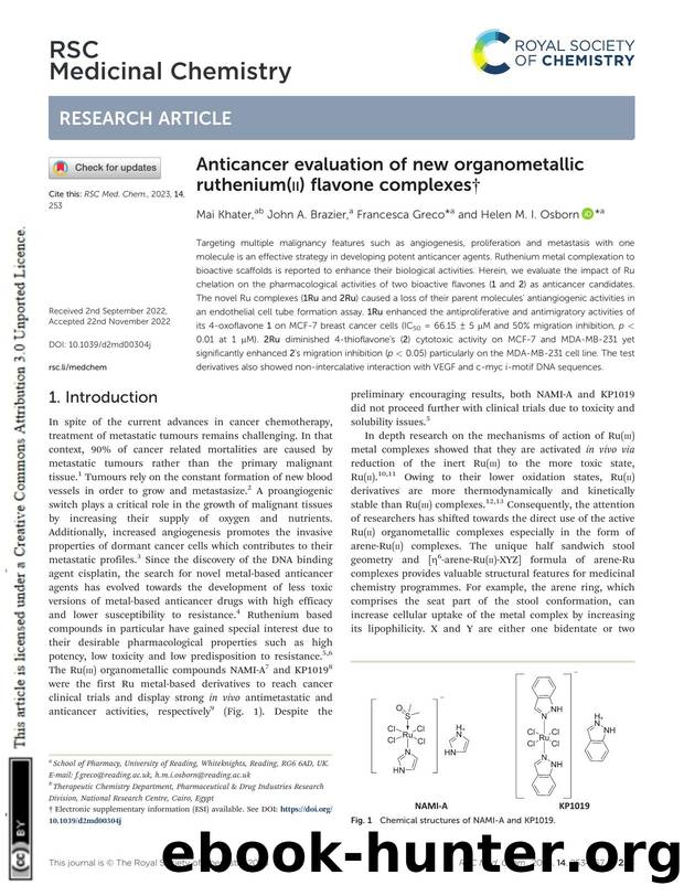 Anticancer evaluation of new organometallic ruthenium(ii) flavone complexes by Mai Khater & John A. Brazier & Francesca Greco & Helen M. I. Osborn