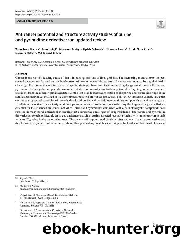 Anticancer potential and structure activity studies of purine and pyrimidine derivatives: an updated review by unknow