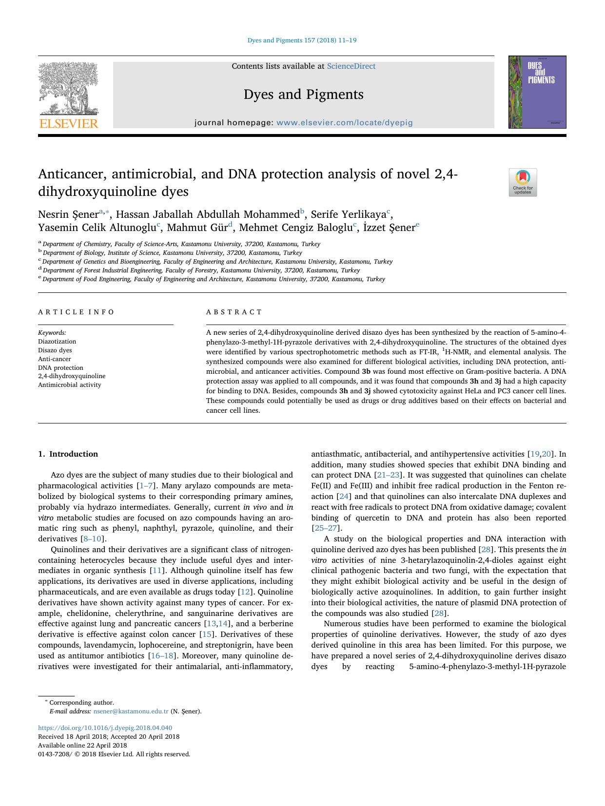 Anticancer, antimicrobial, and DNA protection analysis of novel 2,4-dihydroxyquinoline dyes by unknow