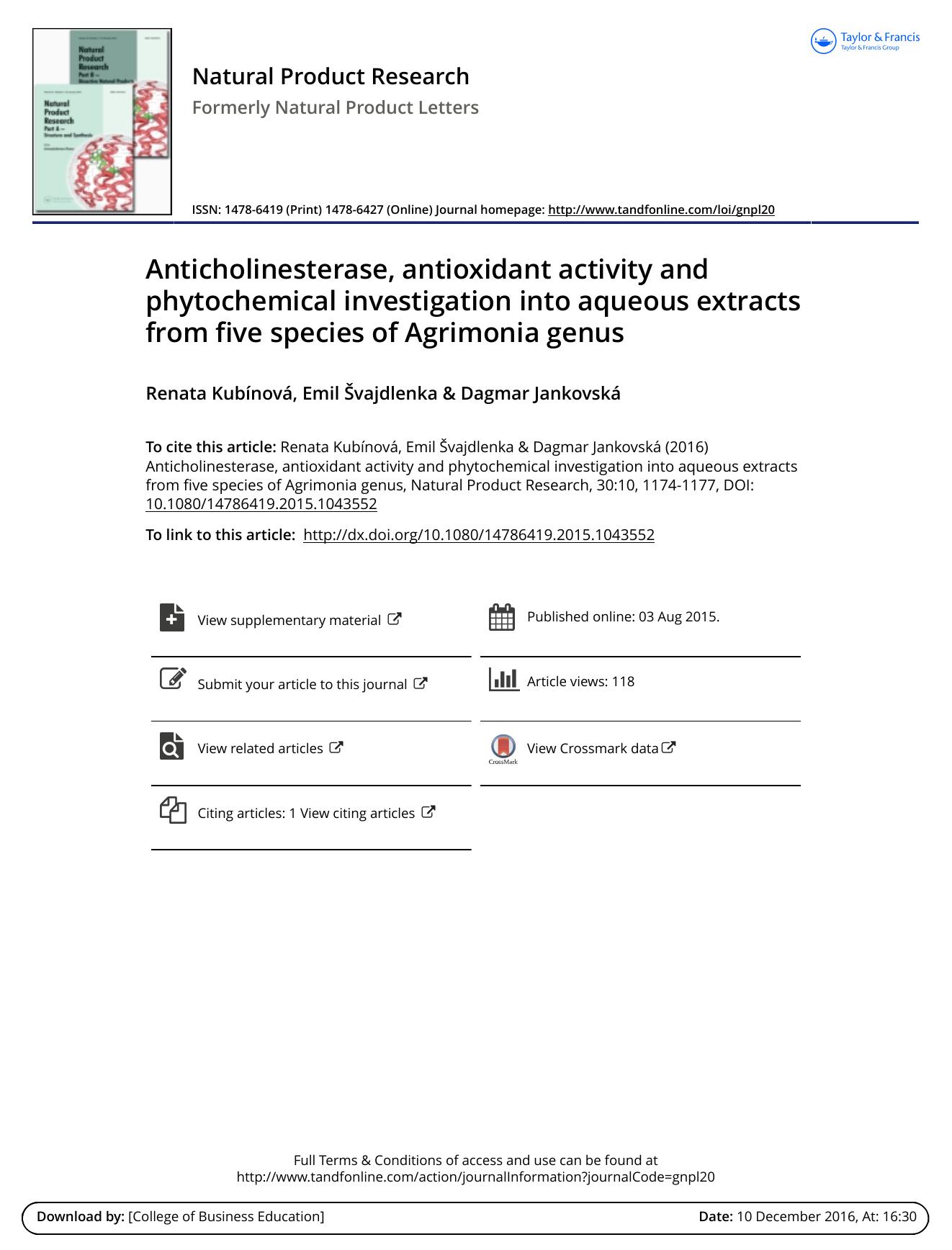 Anticholinesterase, antioxidant activity and phytochemical investigation into aqueous extracts from five species of Agrimonia genus by Renata Kubínová & Emil Švajdlenka & Dagmar Jankovská