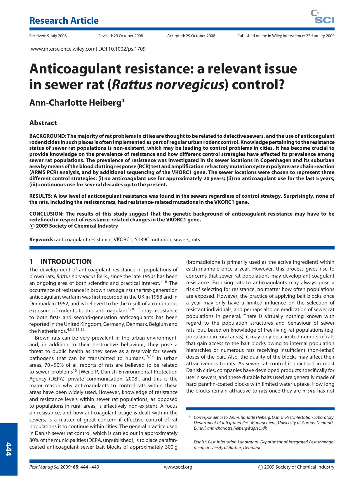 Anticoagulant resistance: a relevant issue in sewer rat (Rattus norvegicus) control? by Unknown