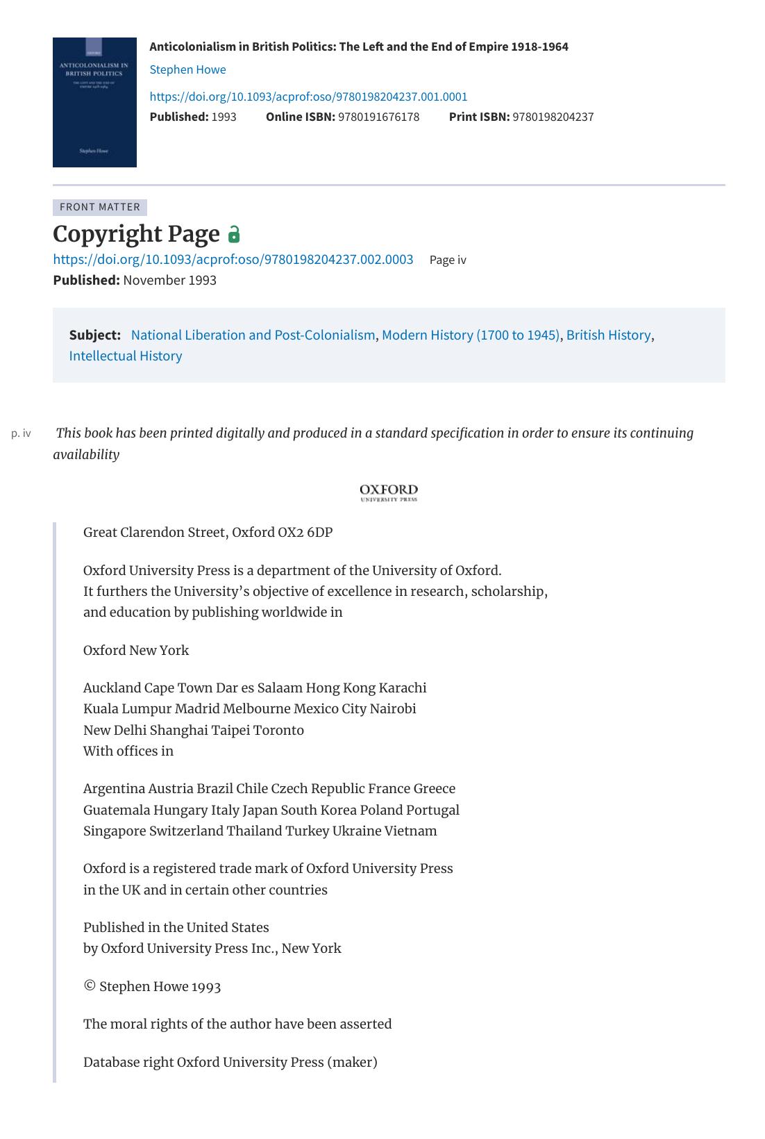 Anticolonialism in British Politics The Left and the End of Empire 1918-1964 (Oxford Historical Monographs) by Stephen Howe