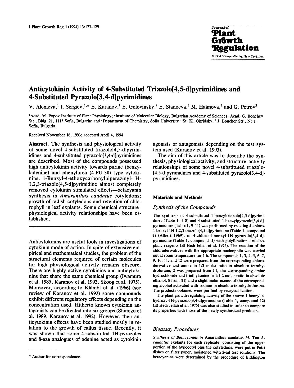 Anticytokinin activity of 4-substituted triazolo[4,5-d]pyrimidines and 4-substituted pyrazolo[3,4-d]pyrimidines by Unknown