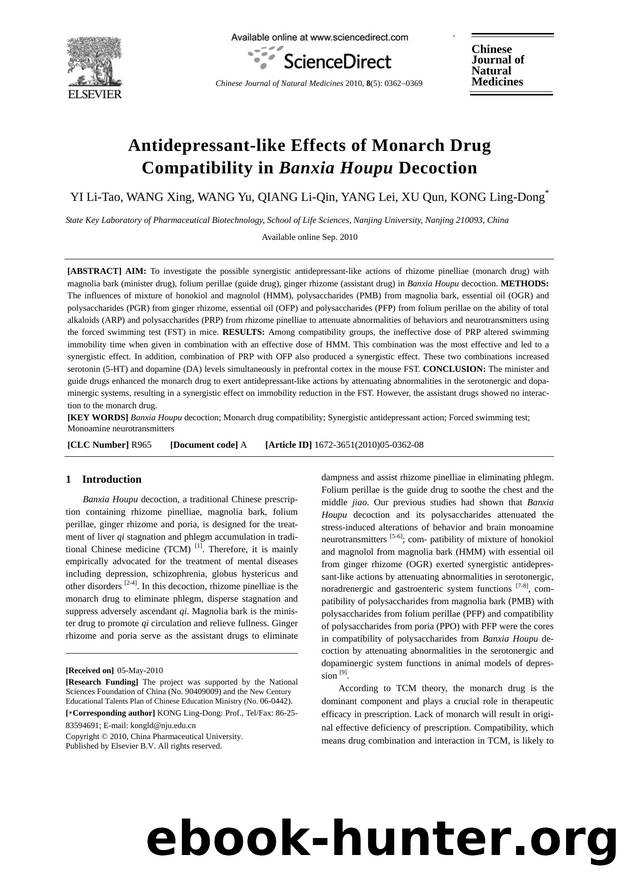 Antidepressant-like Effects of Monarch Drug Compatibility in Banxia Houpu Decoction by Li-Tao YI & Xing WANG & Yu WANG & Li-Qin QIANG & Lei YANG & Qun XU & Ling-Dong KONG