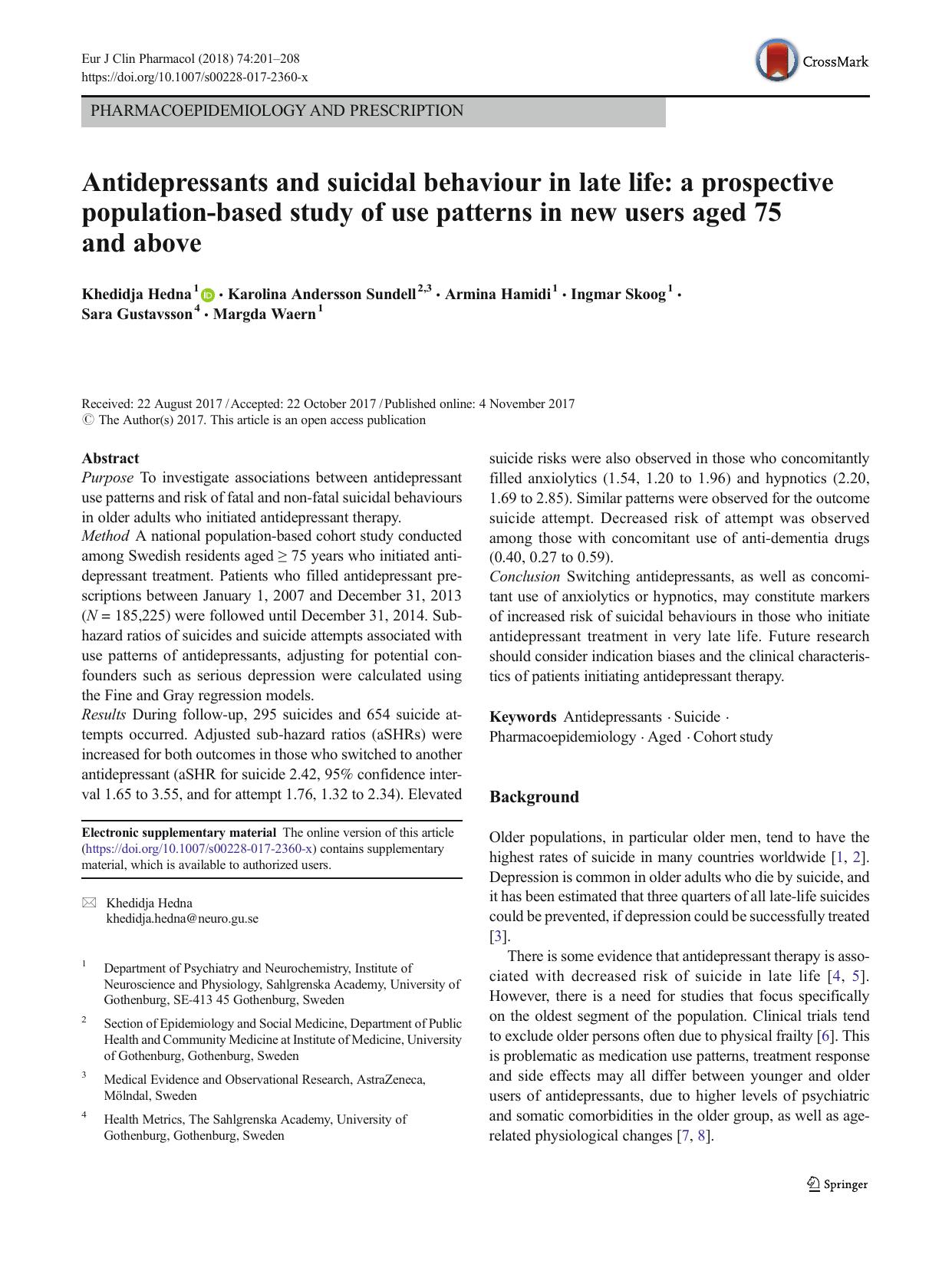 Antidepressants and suicidal behaviour in late life: a prospective population-based study of use patterns in new users aged 75 and above by unknow