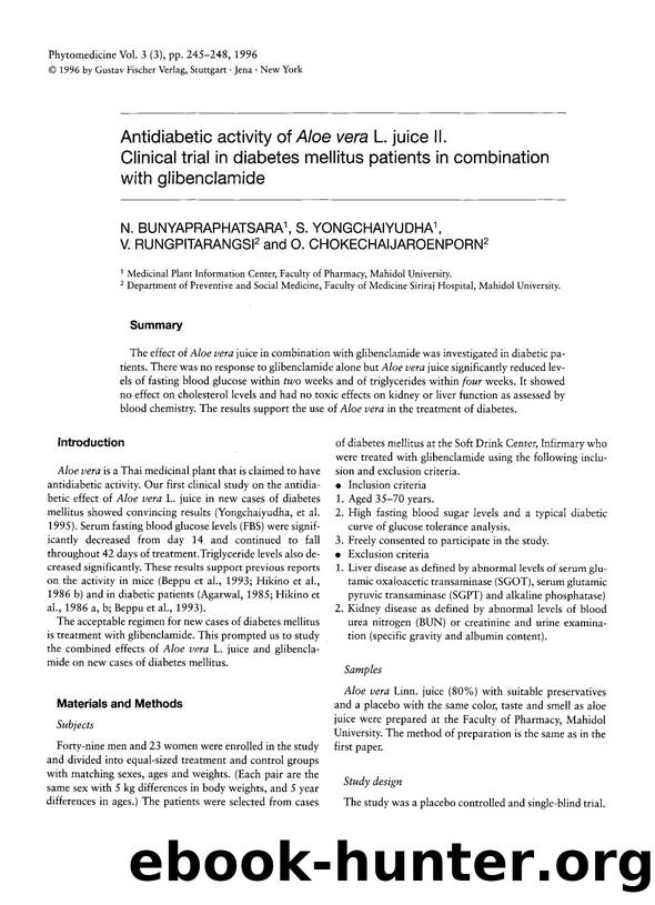 Antidiabetic activity of Aloe vera L. juice II. Clinical trial in diabetes mellitus patients in combination with glibenclamide by N. Bunyapraphatsara & S. Yongchaiyudha & V. Rungpitarangsi & O. Chokechaijaroenporn