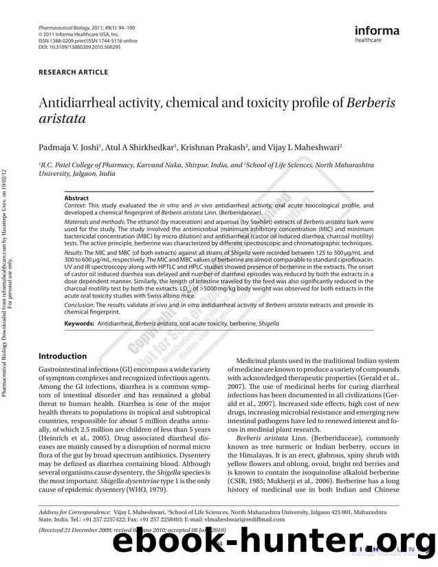 Antidiarrheal activity, chemical and toxicity profile of Berberis aristata by Padmaja V. Joshi Atul A Shirkhedkar Krishnan Prakash & Vijay L Maheshwari