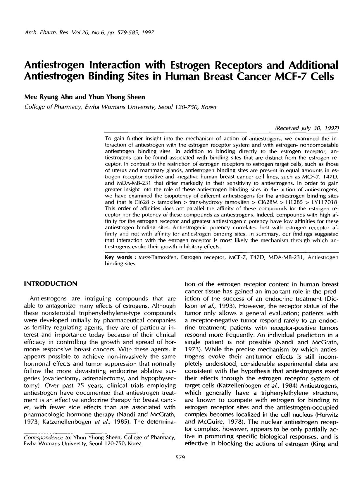 Antiestrogen interaction with estrogen receptors and additional antiestrogen binding sites in human breast cancer MCF-7 cells by Unknown