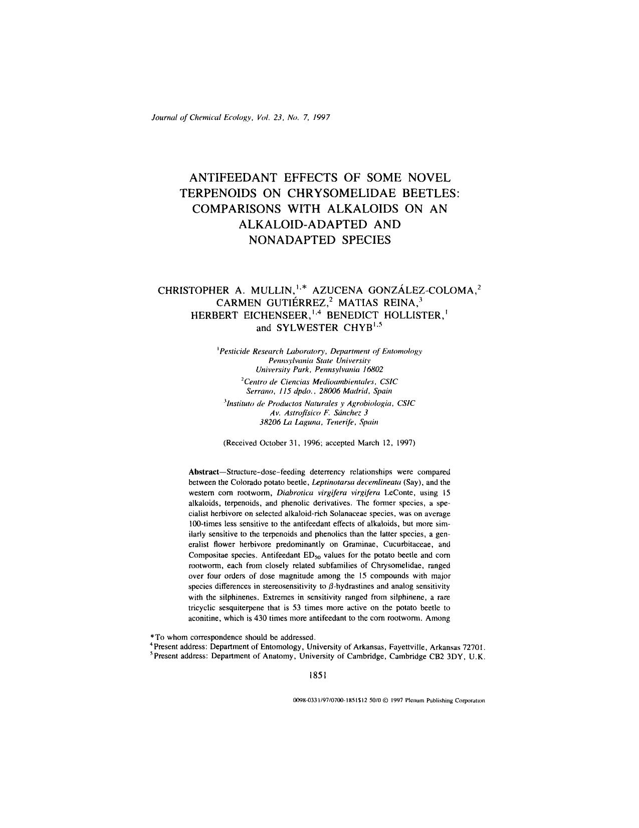 Antifeedant Effects of Some Novel Terpenoids on Chrysomelidae Beetles: Comparisons with Alkaloids on an Alkaloid-Adapted and Nonadapted Species by Unknown